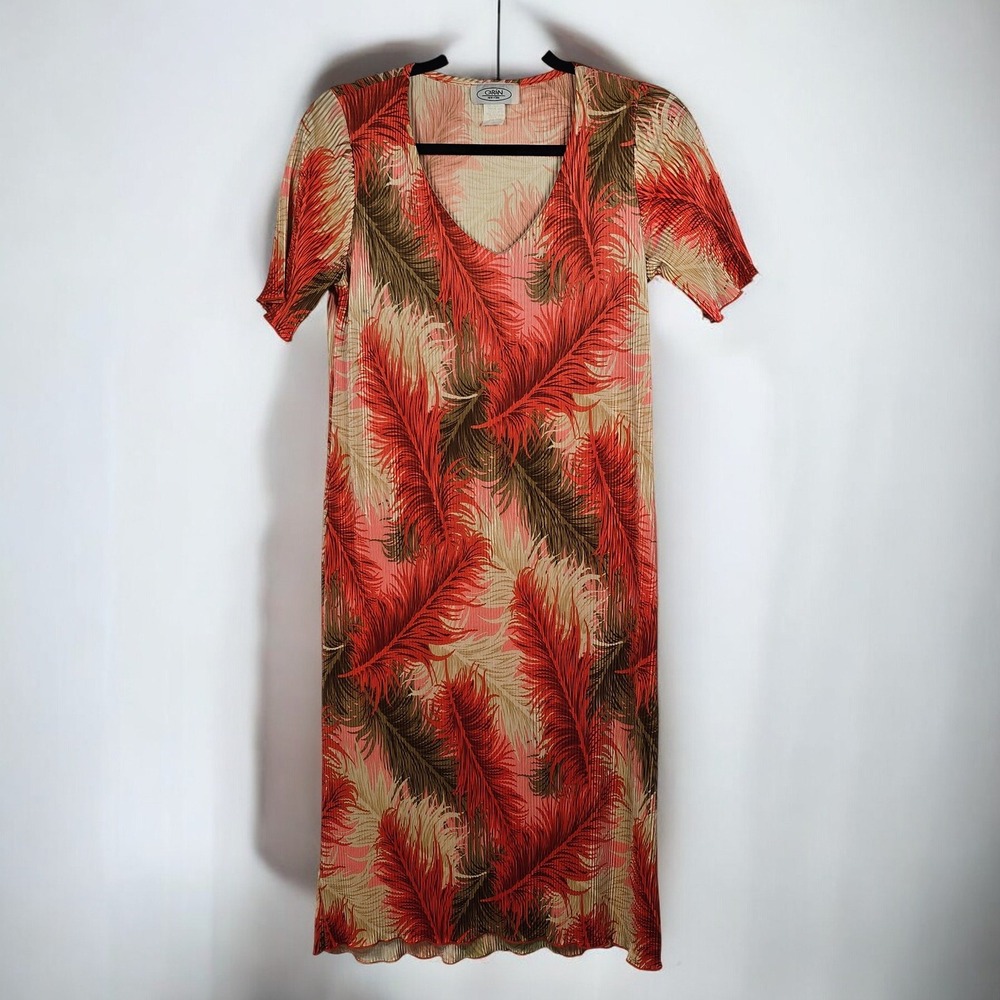 VTG Caran New York Dress Woman‎ Medium Pleated Feather Print V Neck Short Sleeve